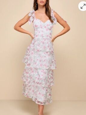 Lulu's White Midi Dress with Pink Floral Tiers